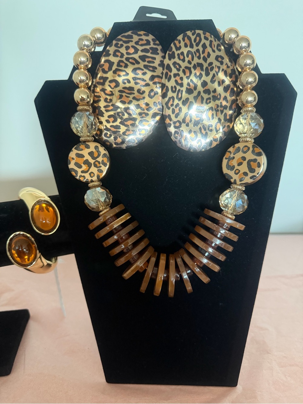 Leopard Print Statement Necklace, Bracelet & Earring Set - Brown and Gold